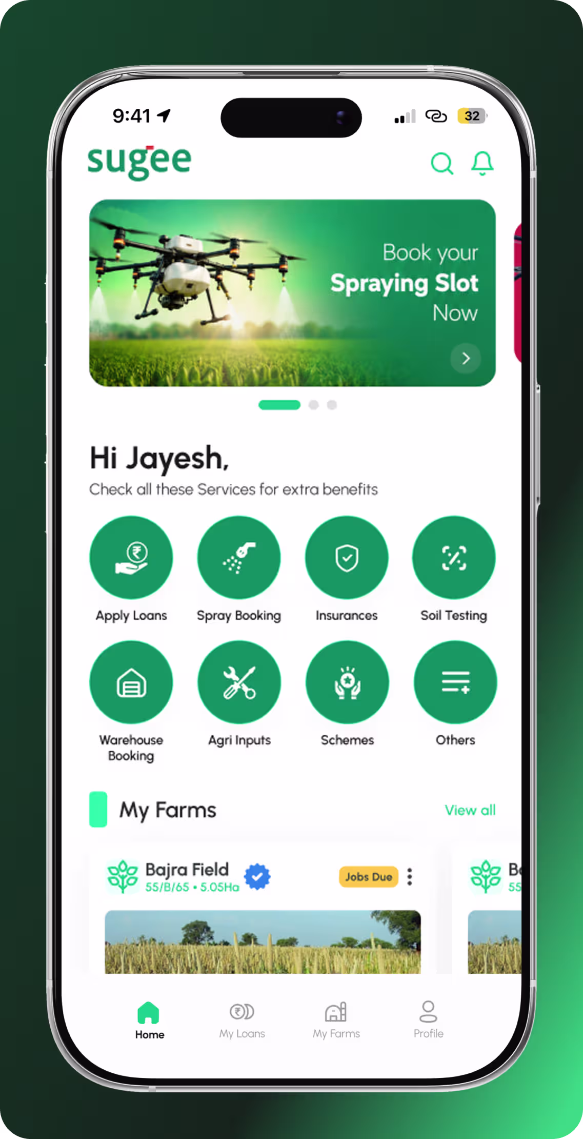 Sugee App — home screen with farm services