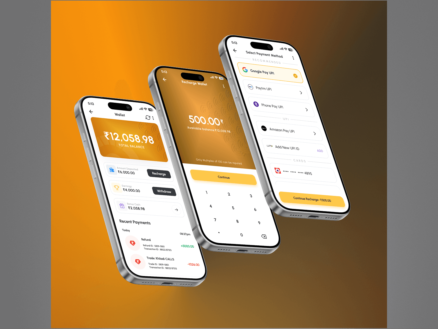 CineTrade — wallet balance, recharge and payment method screens